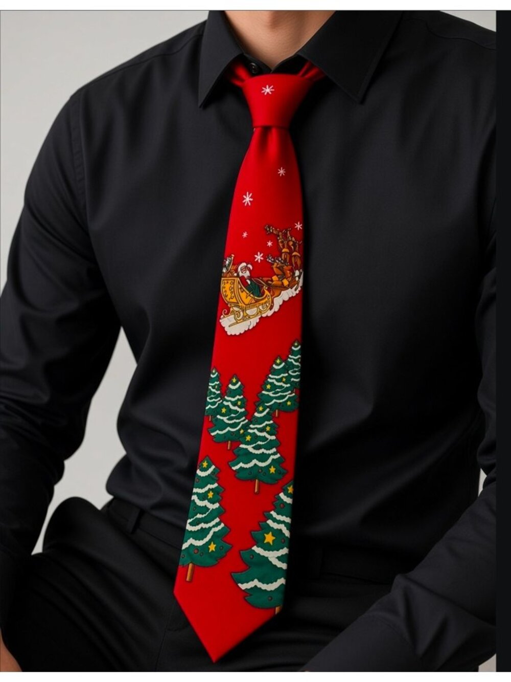 Santa Sleigh & Christmas Tree Red Novelty Tie Festive Holiday Design
